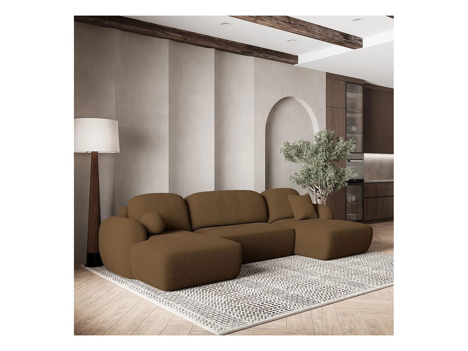 Canapé d'angle SAVONA Marron en bouclé avec fonction de couchage