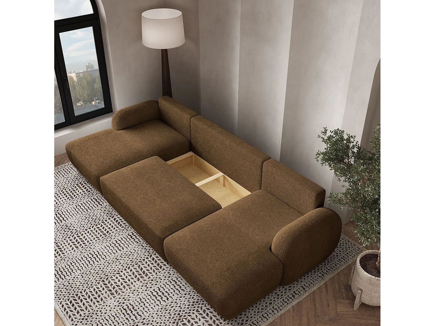 Canapé d'angle SAVONA Marron en bouclé avec fonction de couchage