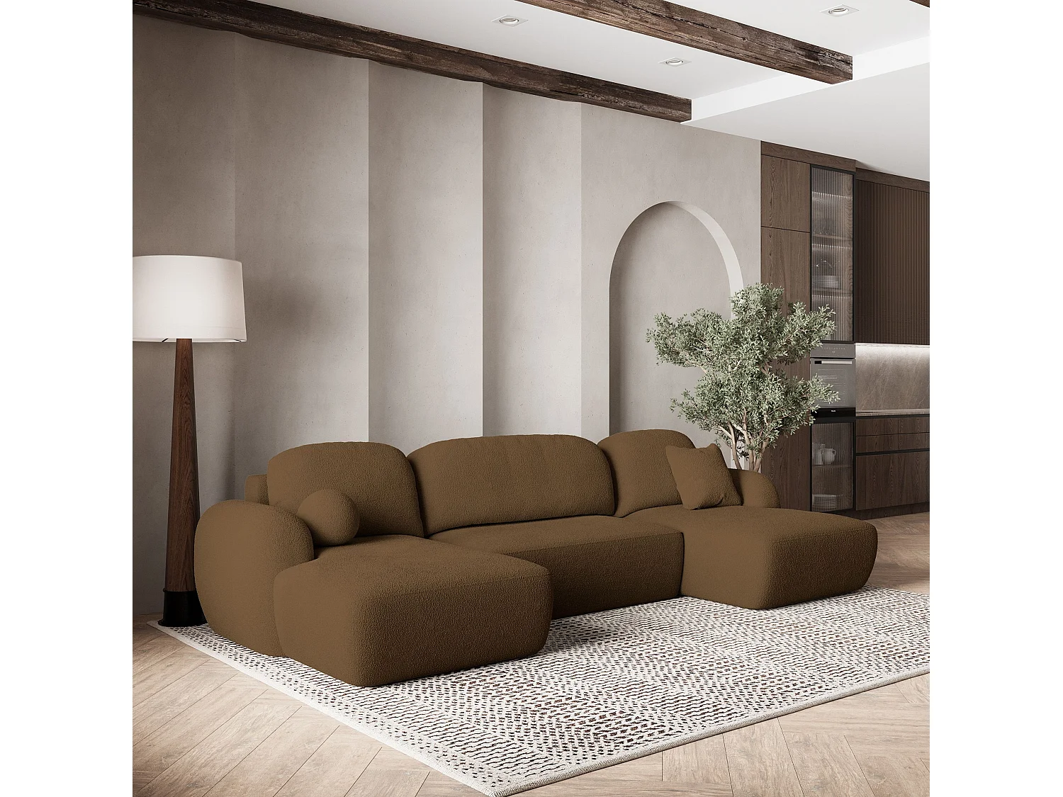 Canapé d'angle SAVONA Marron en bouclé avec fonction de couchage