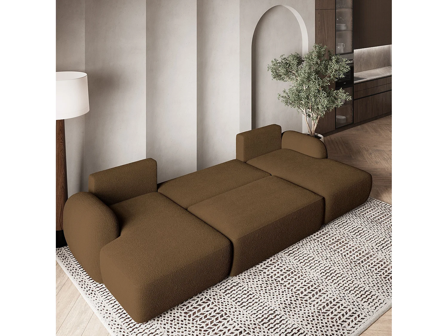 Canapé d'angle SAVONA Marron en bouclé avec fonction de couchage