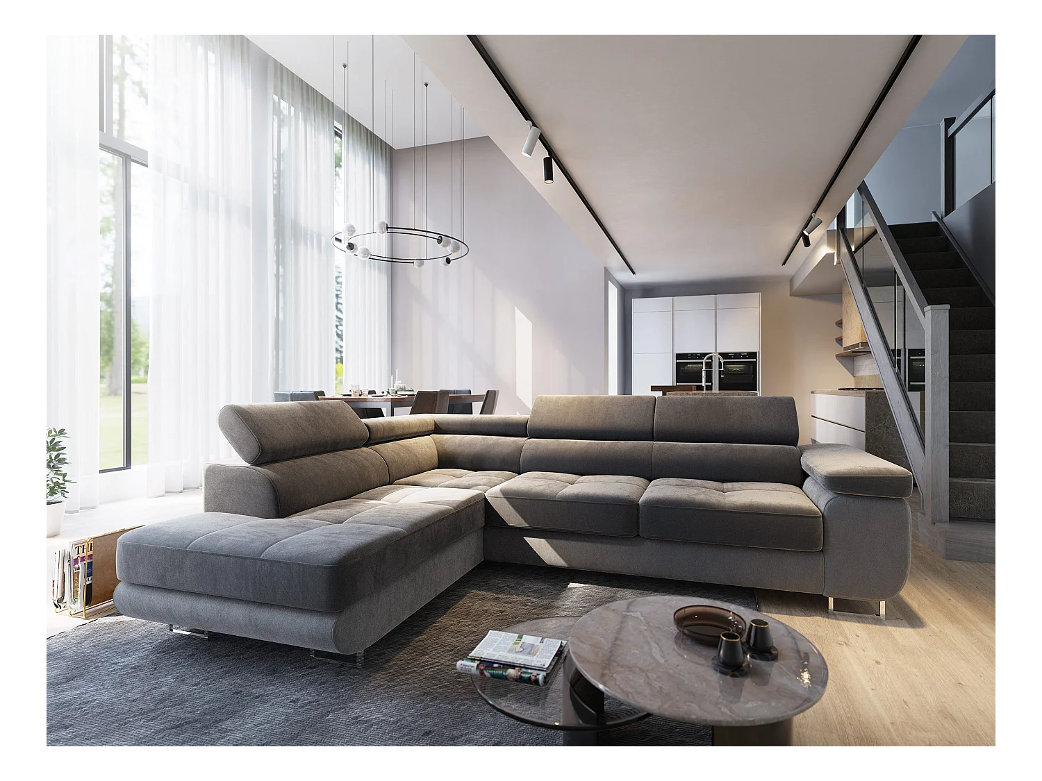 Canapé d'angle SELVA Gris en velours avec fonction de couchage