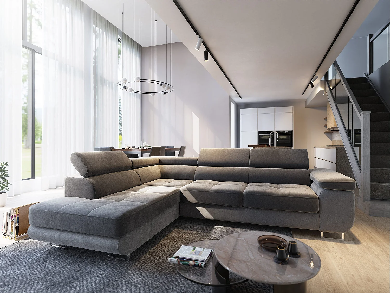 Canapé d'angle SELVA Gris en velours avec fonction de couchage