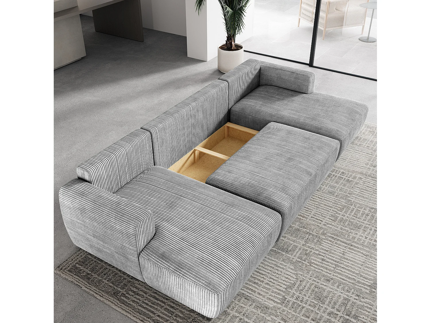 Canapé d'angle SENTUM Gris clair en velours côtelé avec fonction de couchage