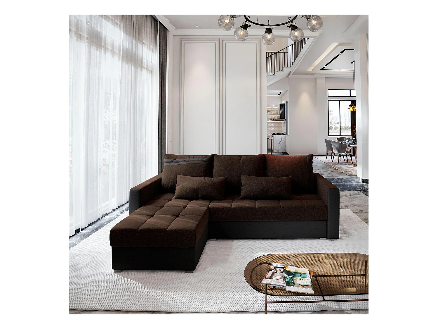 Canapé d'angle KOS PIK Marron en tissu texturé avec fonction de couchage