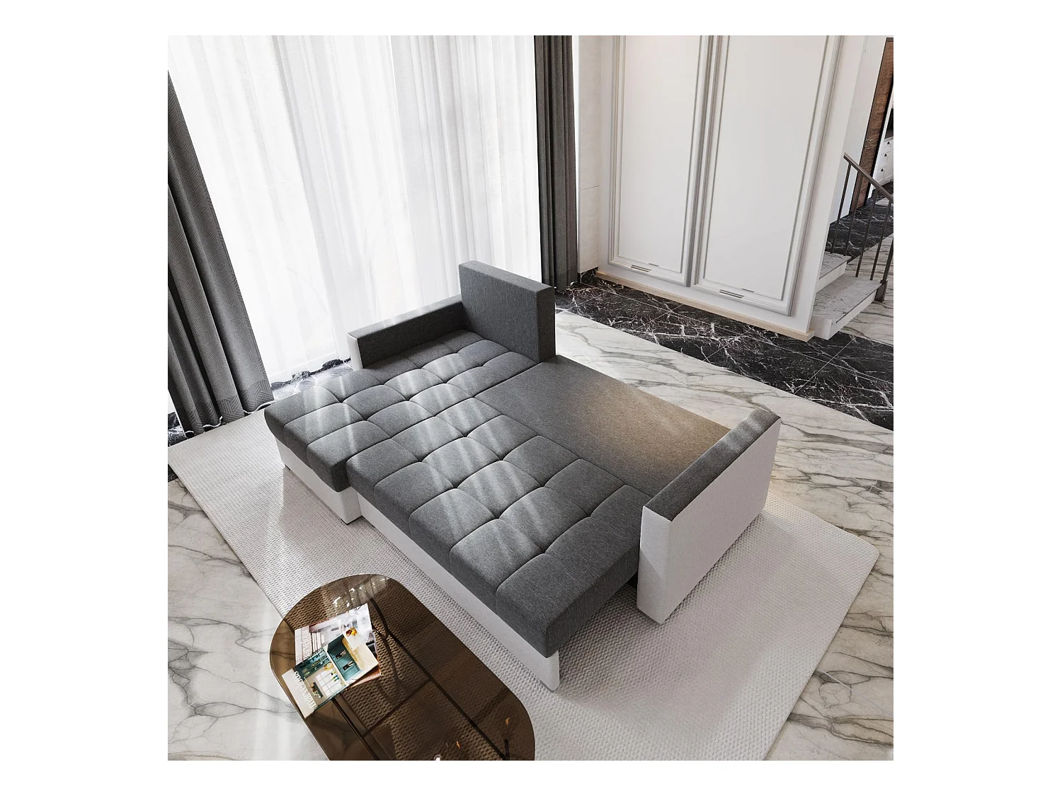 Canapé d'angle KOS PIK Marron en tissu texturé avec fonction de couchage