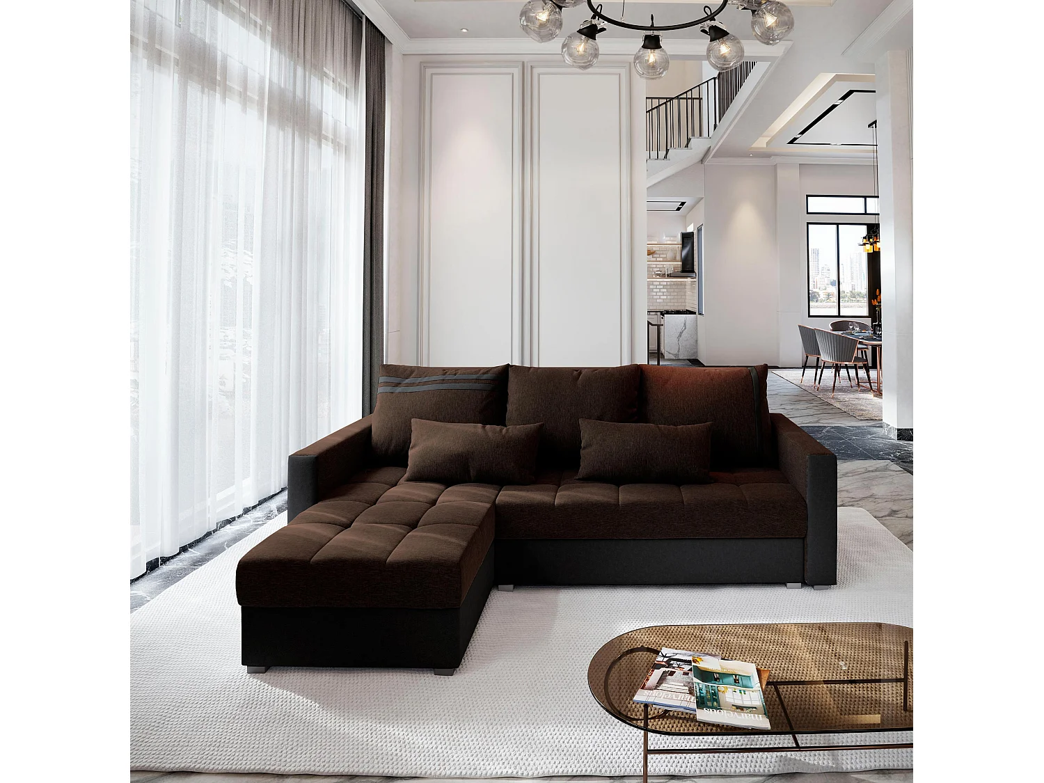 Canapé d'angle KOS PIK Marron en tissu texturé avec fonction de couchage