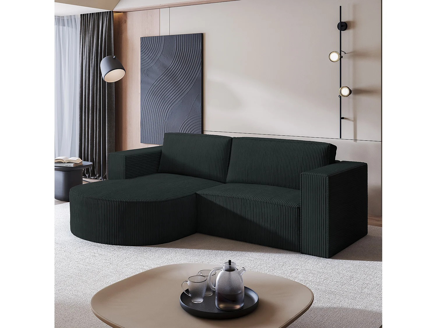 Canapé d'angle SORELA Noir en velours côtelé avec fonction de couchage