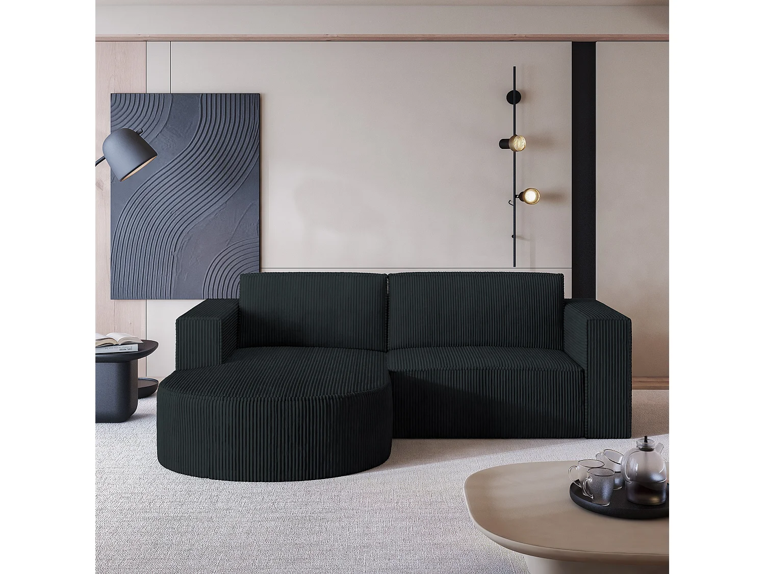 Canapé d'angle SORELA Noir en velours côtelé avec fonction de couchage