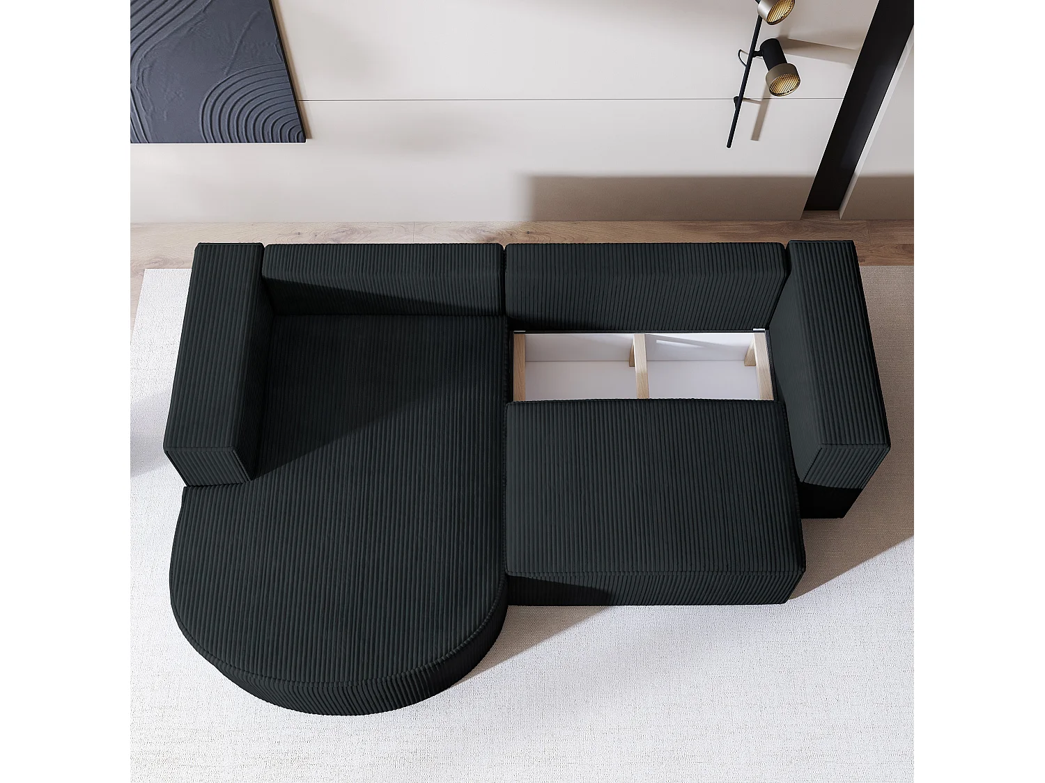 Canapé d'angle SORELA Noir en velours côtelé avec fonction de couchage