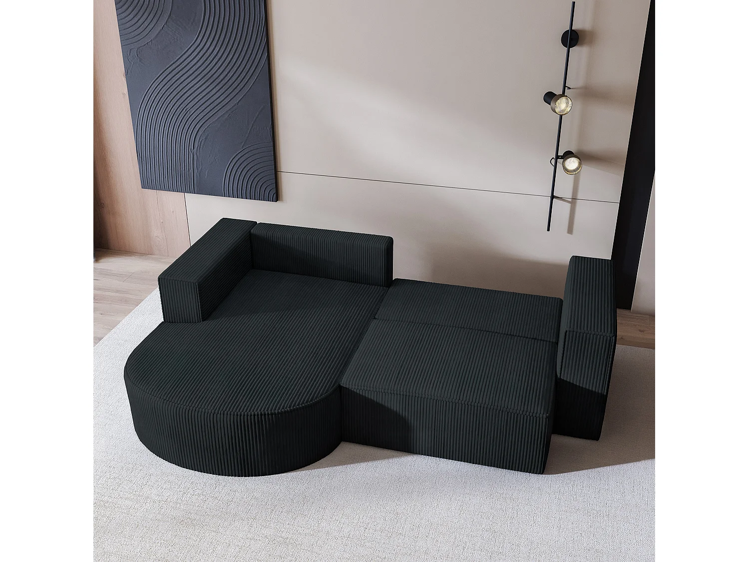 Canapé d'angle SORELA Noir en velours côtelé avec fonction de couchage