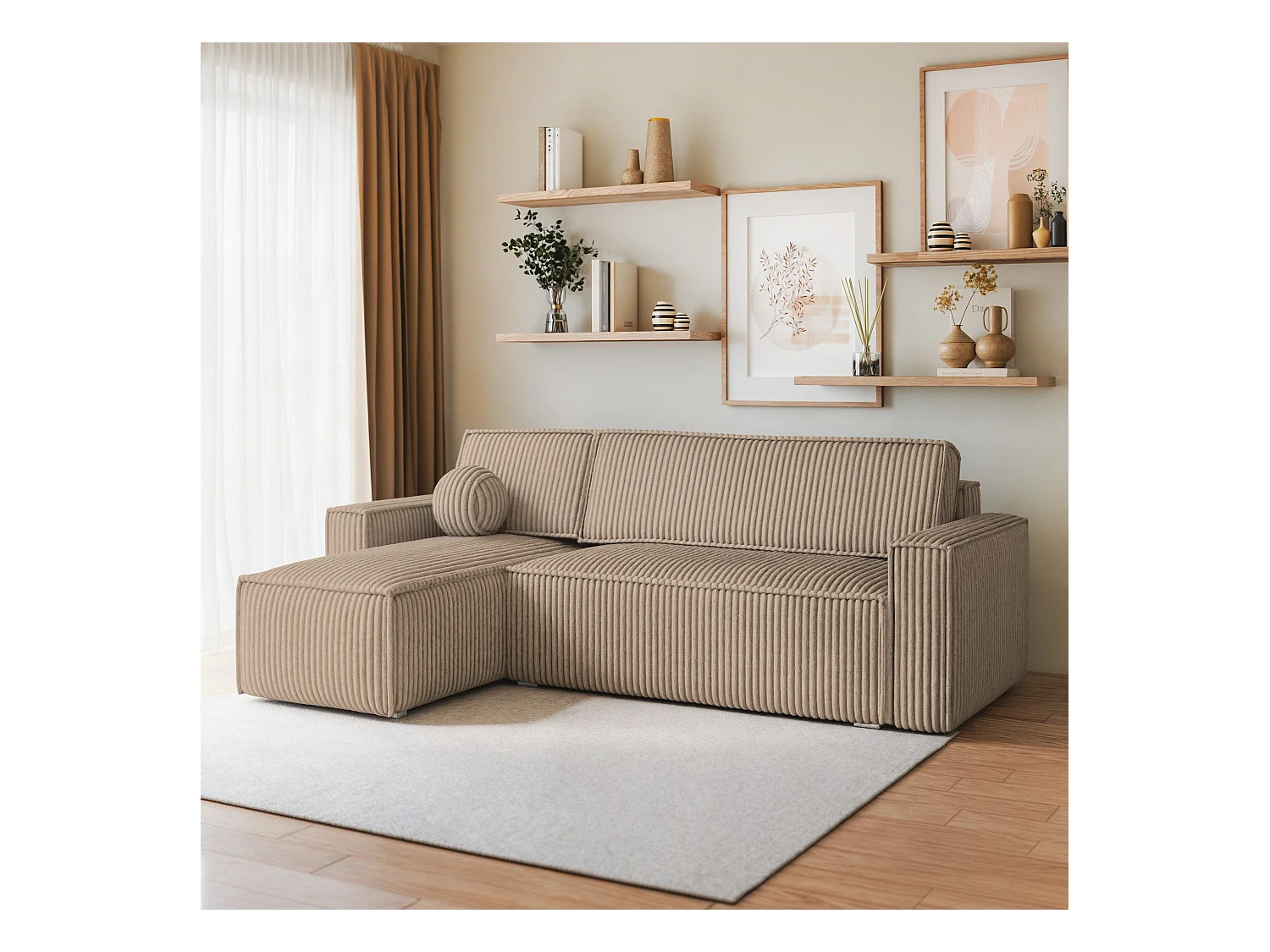 Canapé d'angle RAVELO Beige en velours côtelé avec fonction de couchage