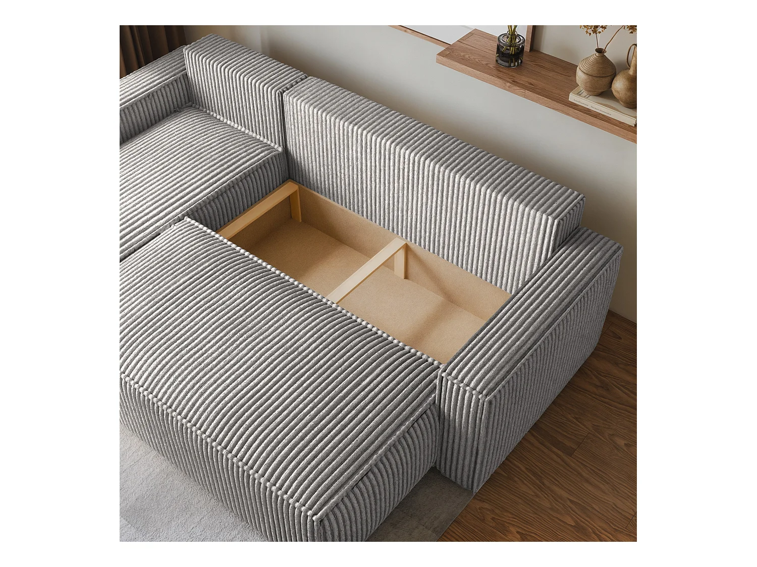 Canapé d'angle RAVELO Beige en velours côtelé avec fonction de couchage