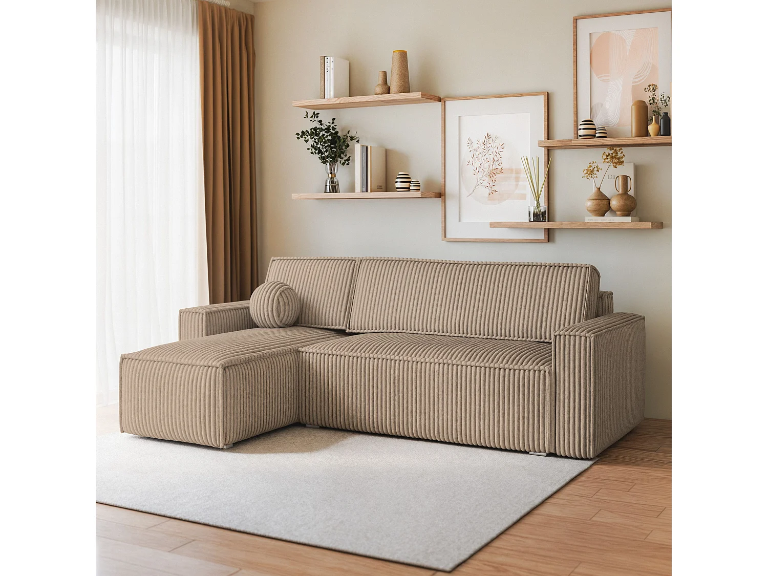 Canapé d'angle RAVELO Beige en velours côtelé avec fonction de couchage