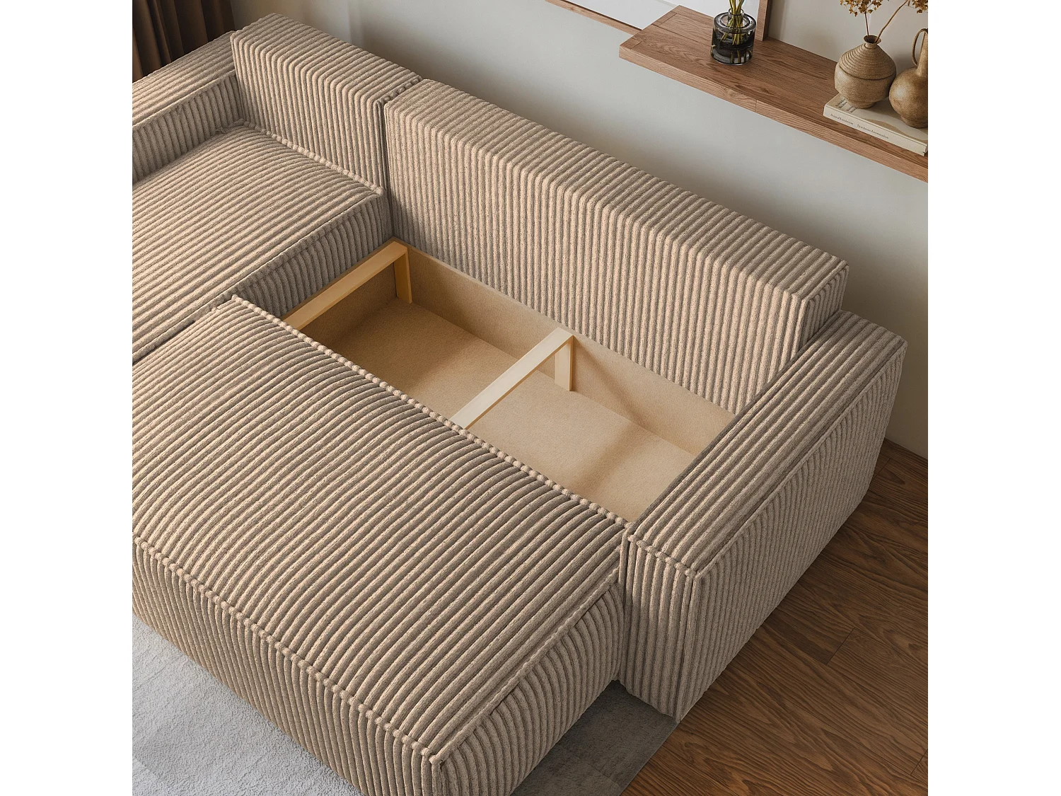 Canapé d'angle RAVELO Beige en velours côtelé avec fonction de couchage