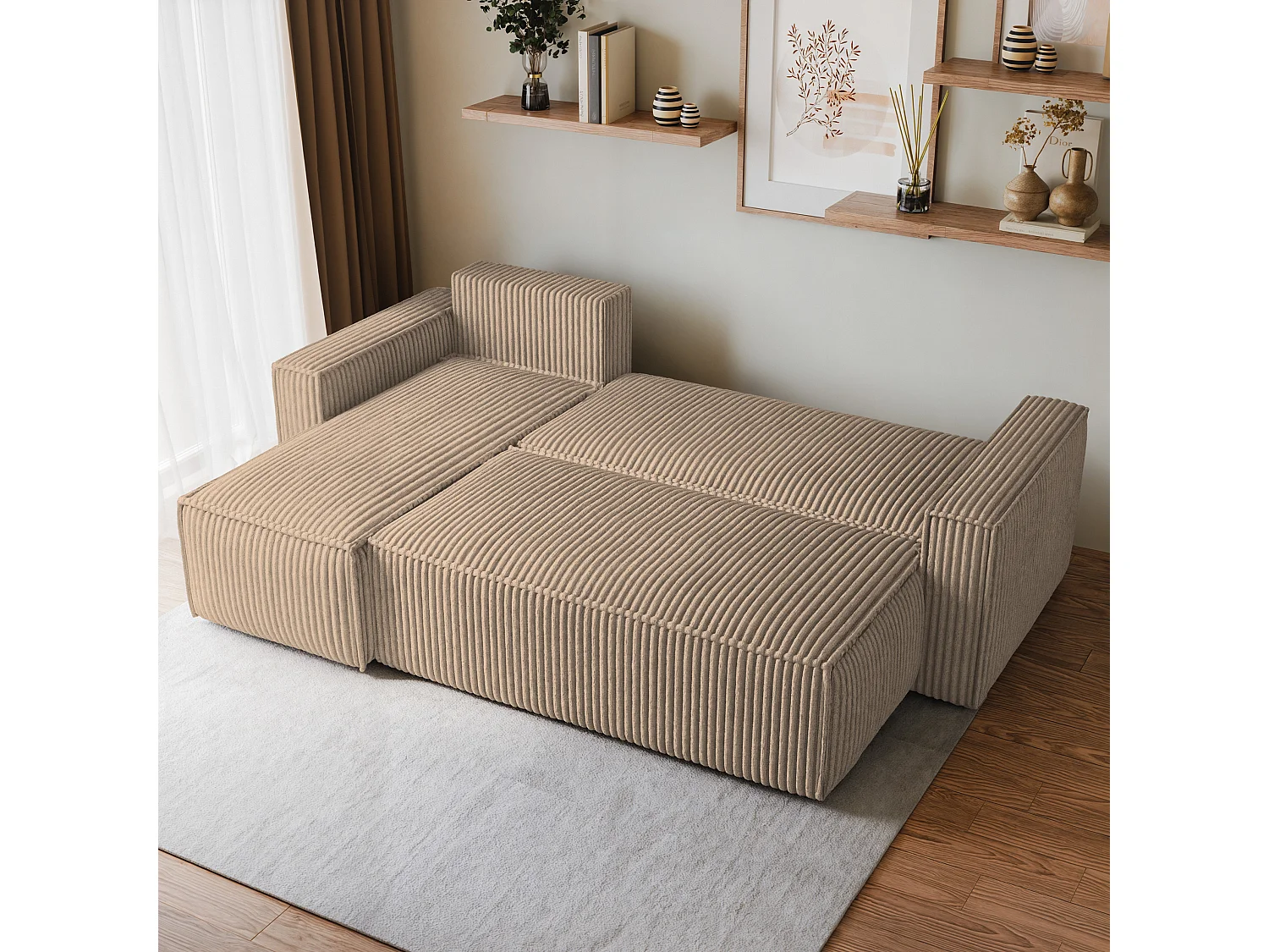 Canapé d'angle RAVELO Beige en velours côtelé avec fonction de couchage