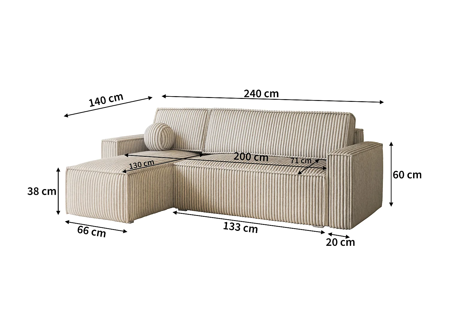 Canapé d'angle RAVELO Beige en velours côtelé avec fonction de couchage