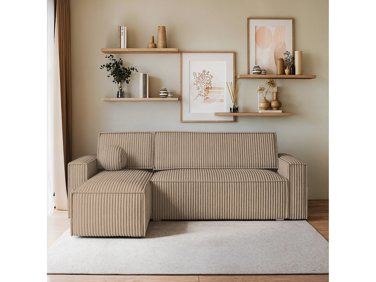 Canapé d'angle RAVELO Beige en velours côtelé avec fonction de couchage