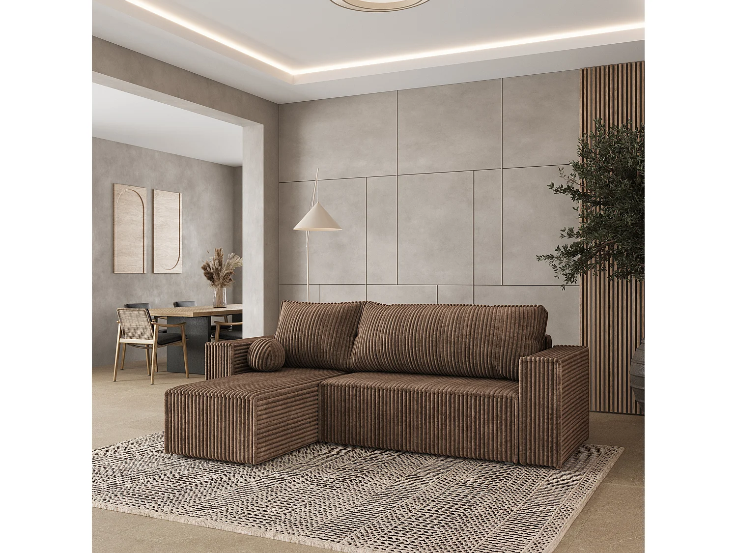 Hoekbank RAVELO van fluweel met slaapfunctie Beige