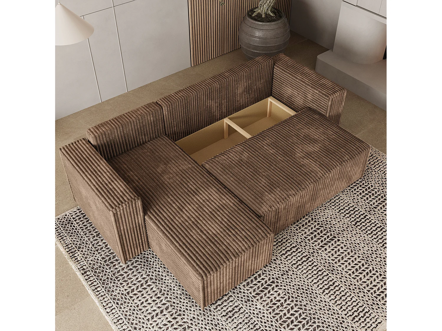 Hoekbank RAVELO van fluweel met slaapfunctie Beige