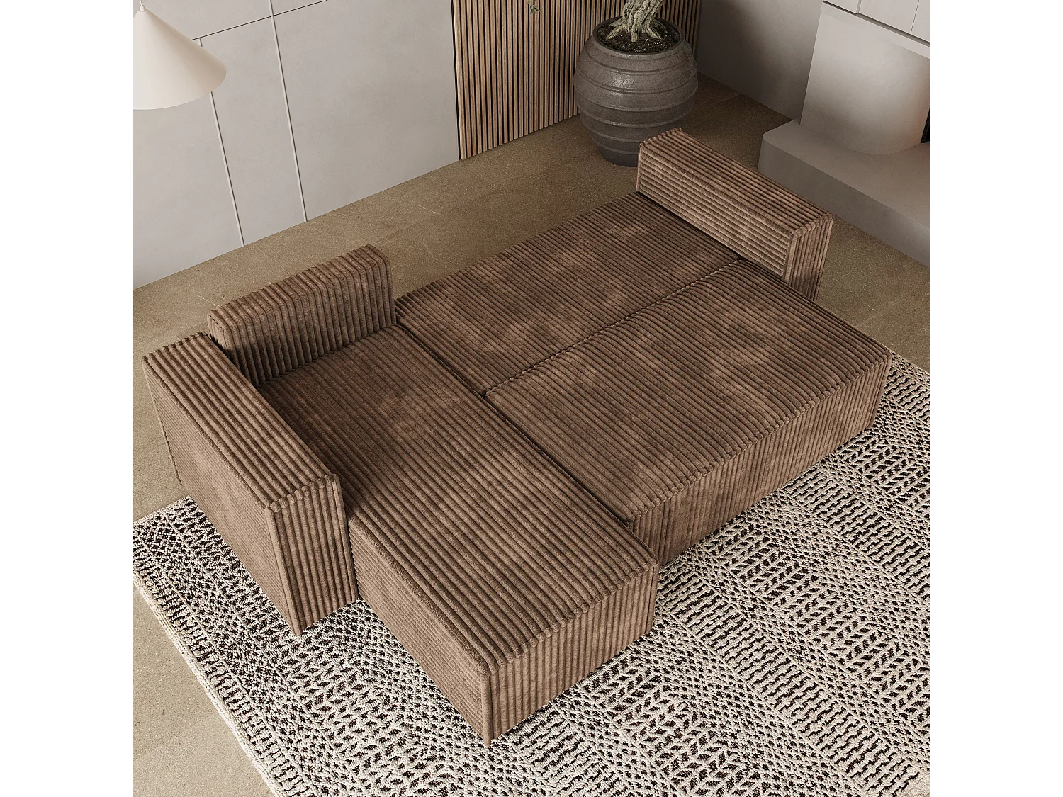 Canapé d'angle RAVELO Beige en velours côtelé avec fonction de couchage