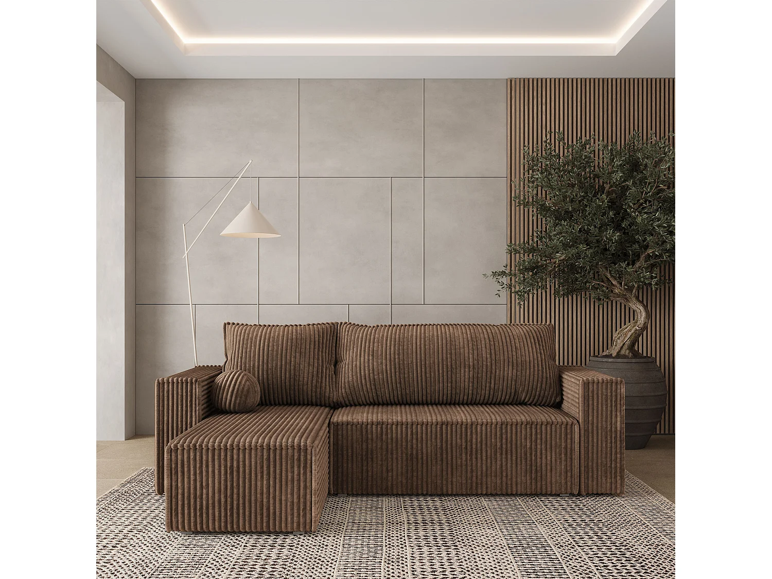 Canapé d'angle RAVELO Beige en velours côtelé avec fonction de couchage