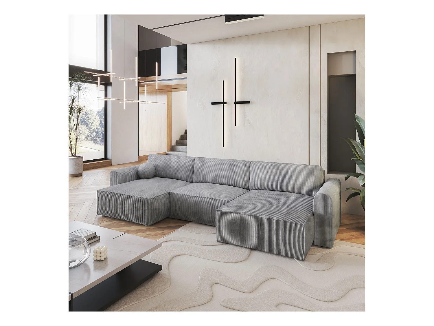 Canapé d'angle FENTO Gris clair en velours côtelé avec fonction de couchage