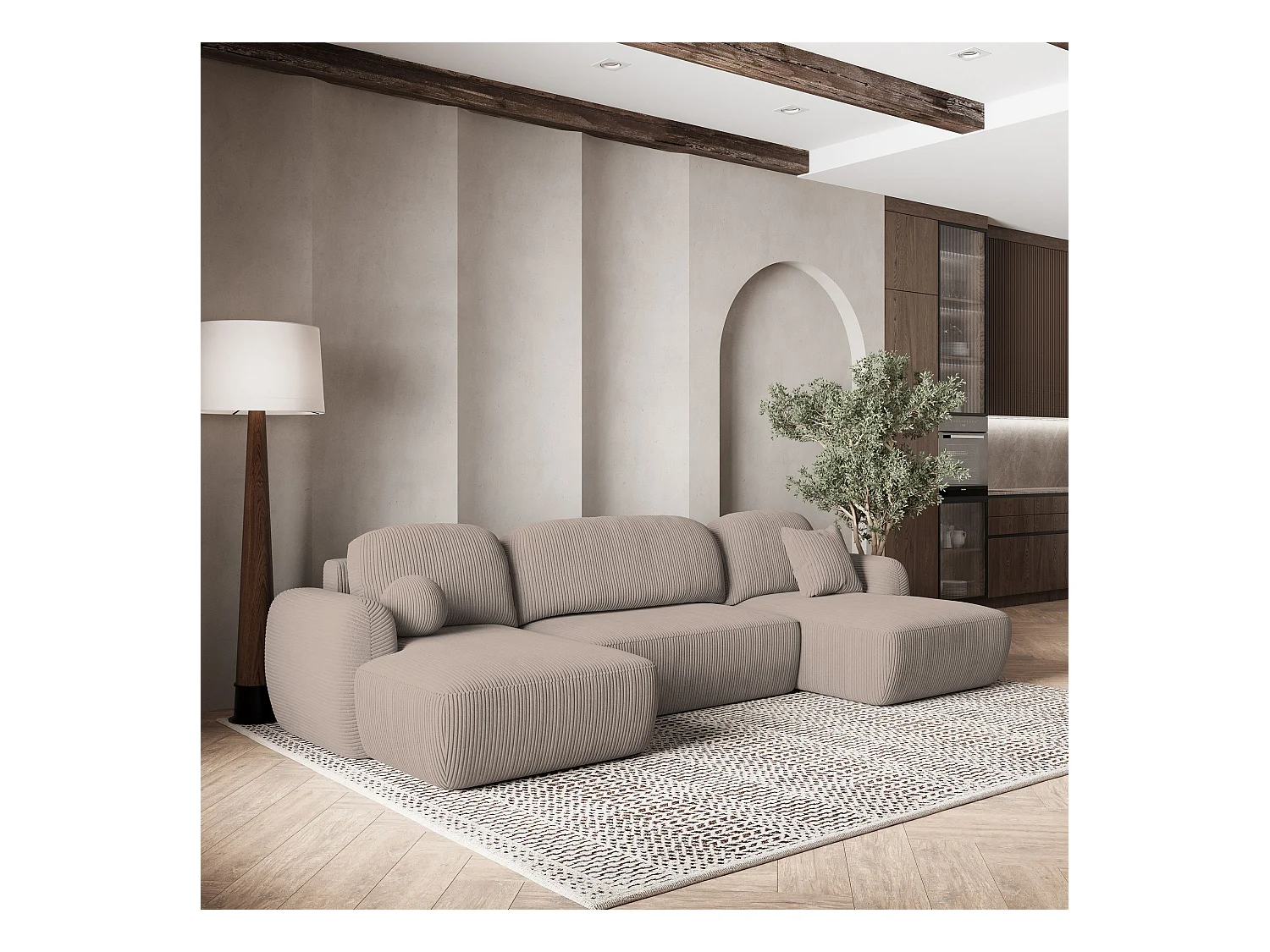 Canapé d'angle SAVONA Beige en velours côtelé avec fonction de couchage