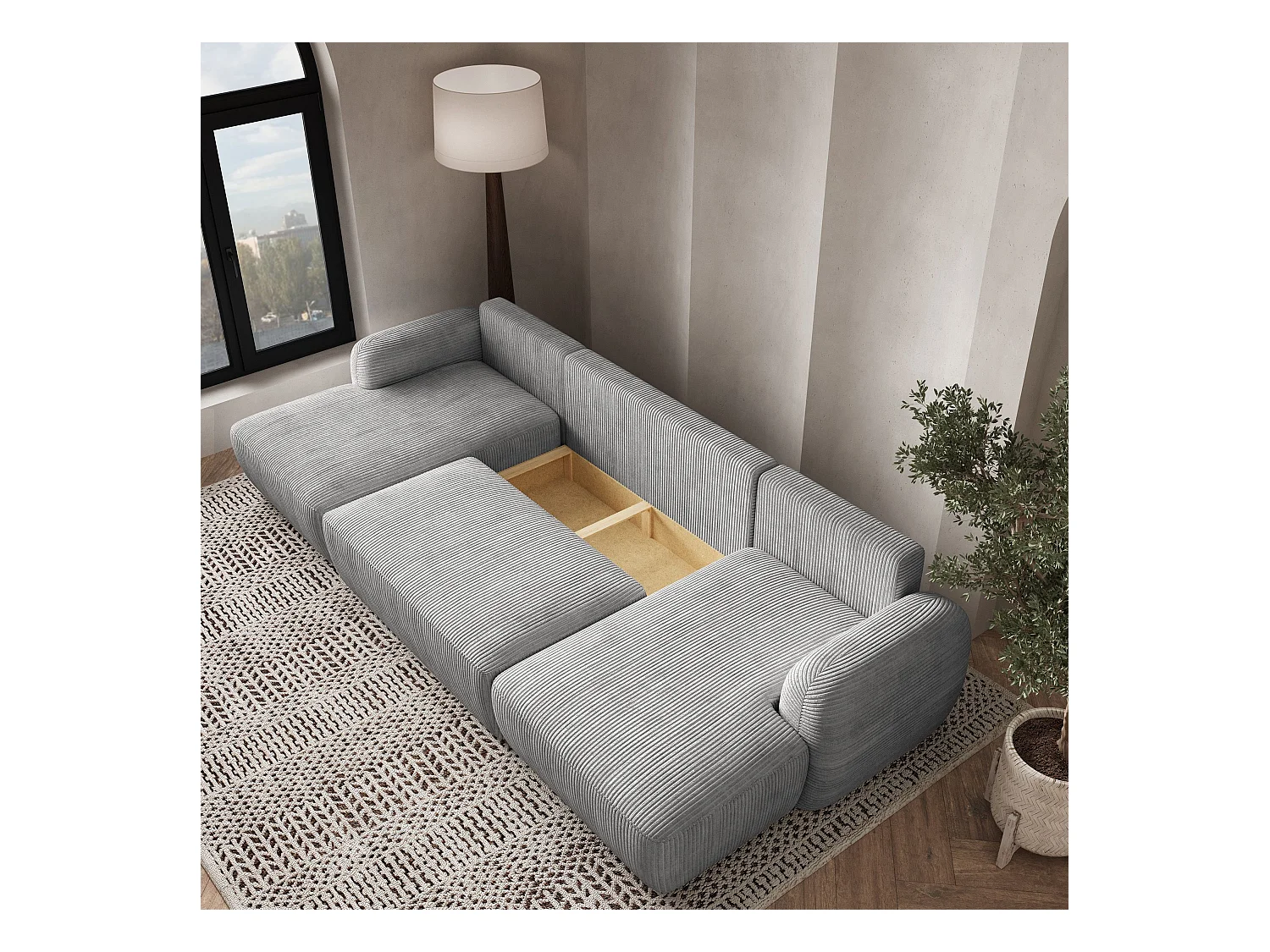 Canapé d'angle SAVONA Beige en velours côtelé avec fonction de couchage
