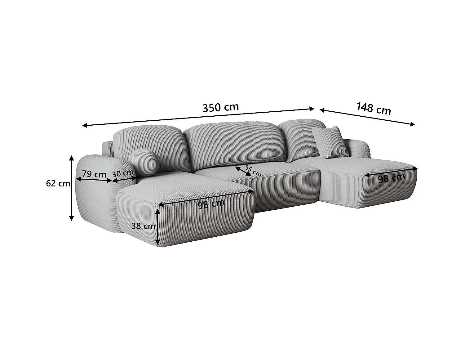 Canapé d'angle SAVONA Beige en velours côtelé avec fonction de couchage