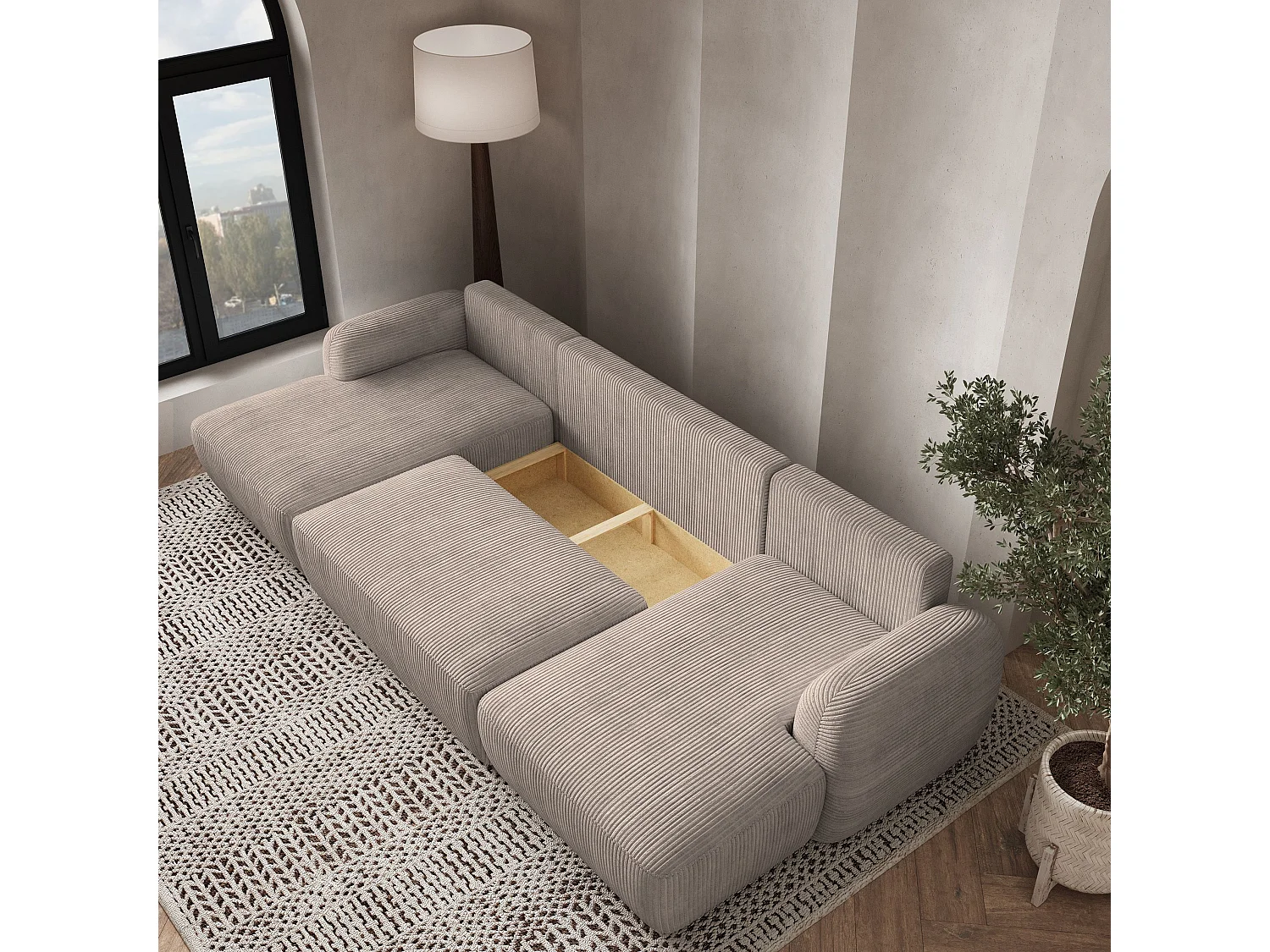 Canapé d'angle SAVONA Beige en velours côtelé avec fonction de couchage