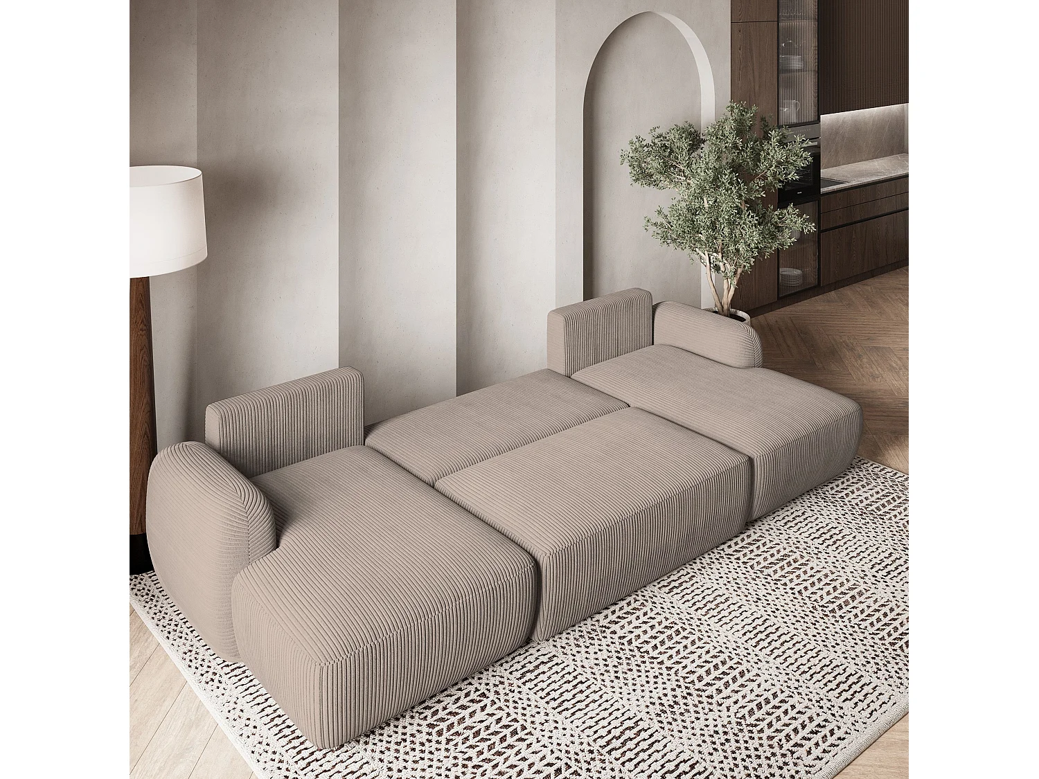 Canapé d'angle SAVONA Beige en velours côtelé avec fonction de couchage