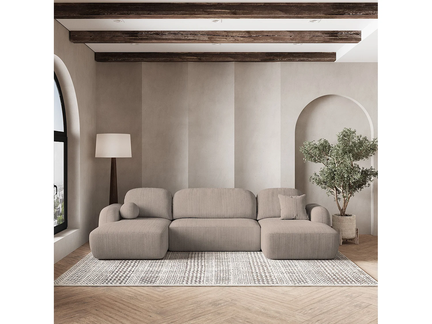 Canapé d'angle SAVONA Beige en velours côtelé avec fonction de couchage