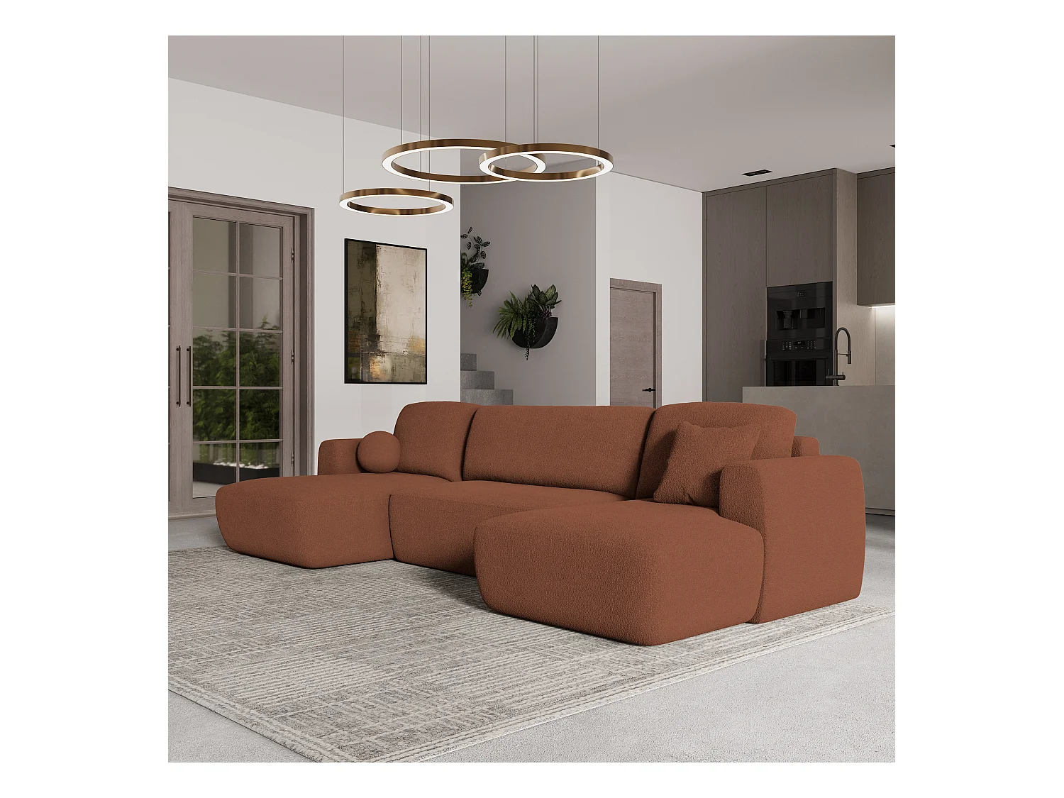 Canapé d'angle SENTUM Terracotta en bouclé avec fonction de couchage