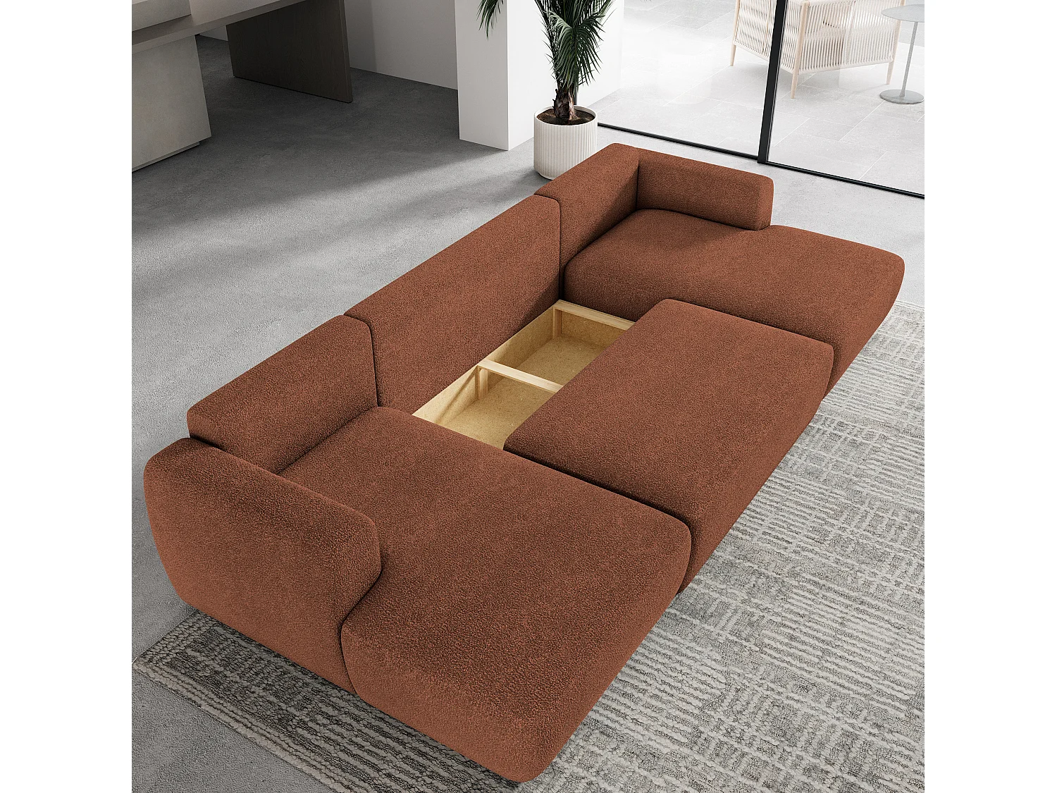 Canapé d'angle SENTUM Terracotta en bouclé avec fonction de couchage