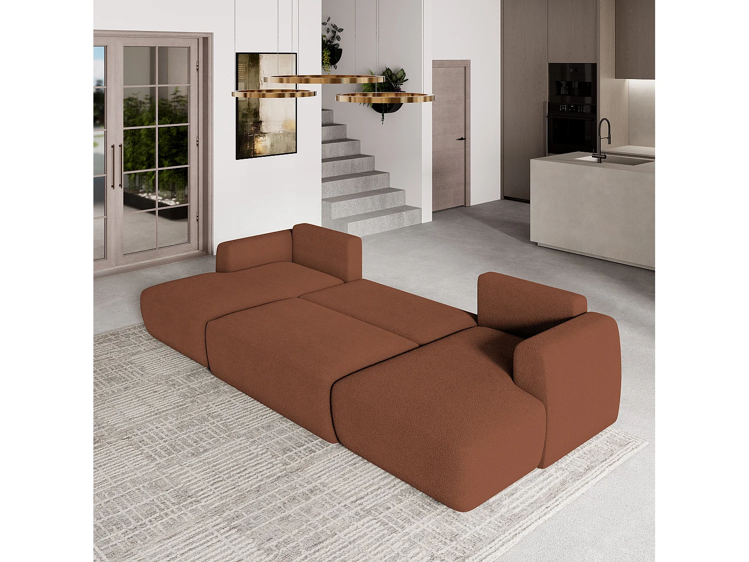 Canapé d'angle SENTUM Terracotta en bouclé avec fonction de couchage