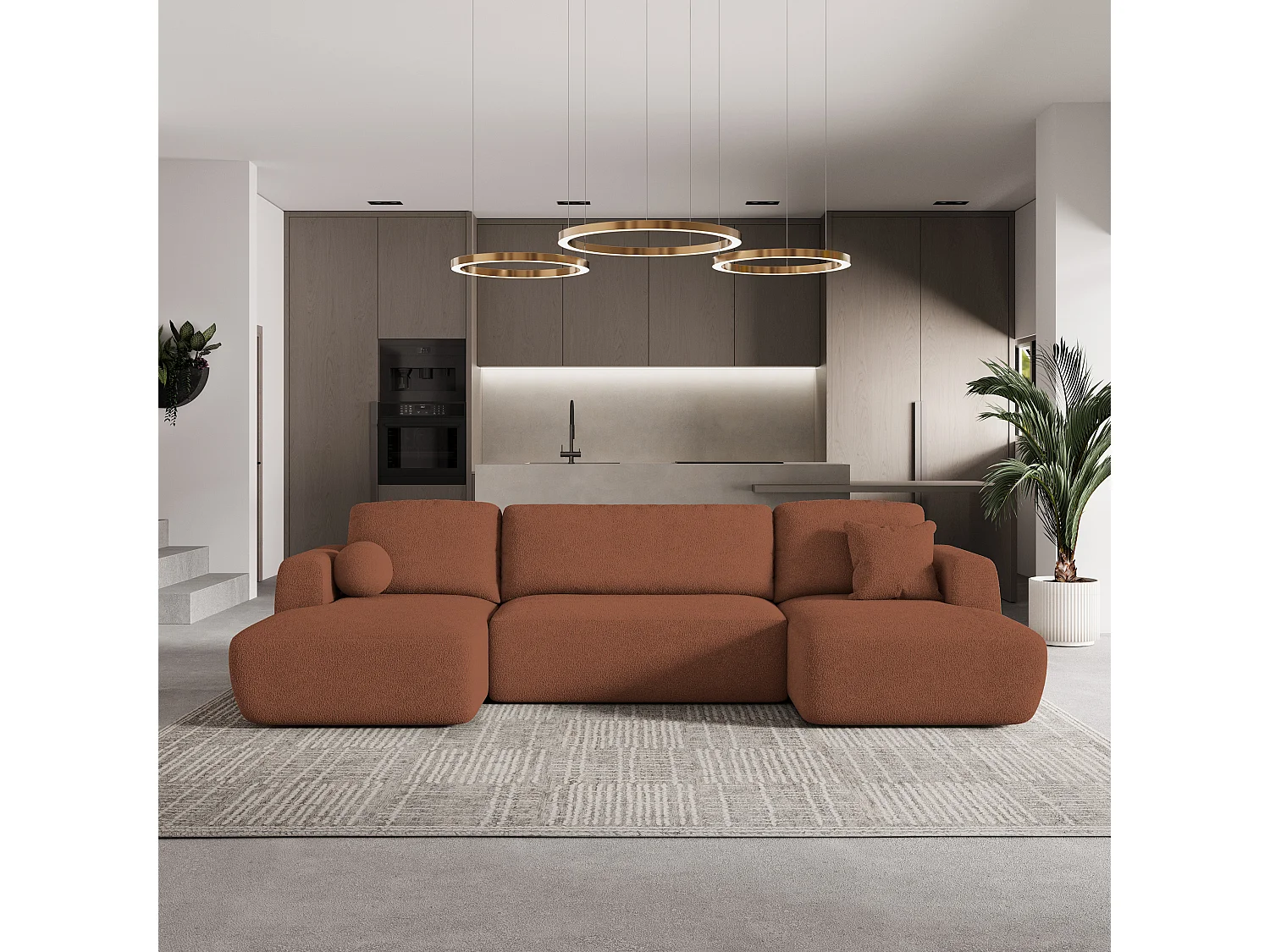 Canapé d'angle SENTUM Terracotta en bouclé avec fonction de couchage