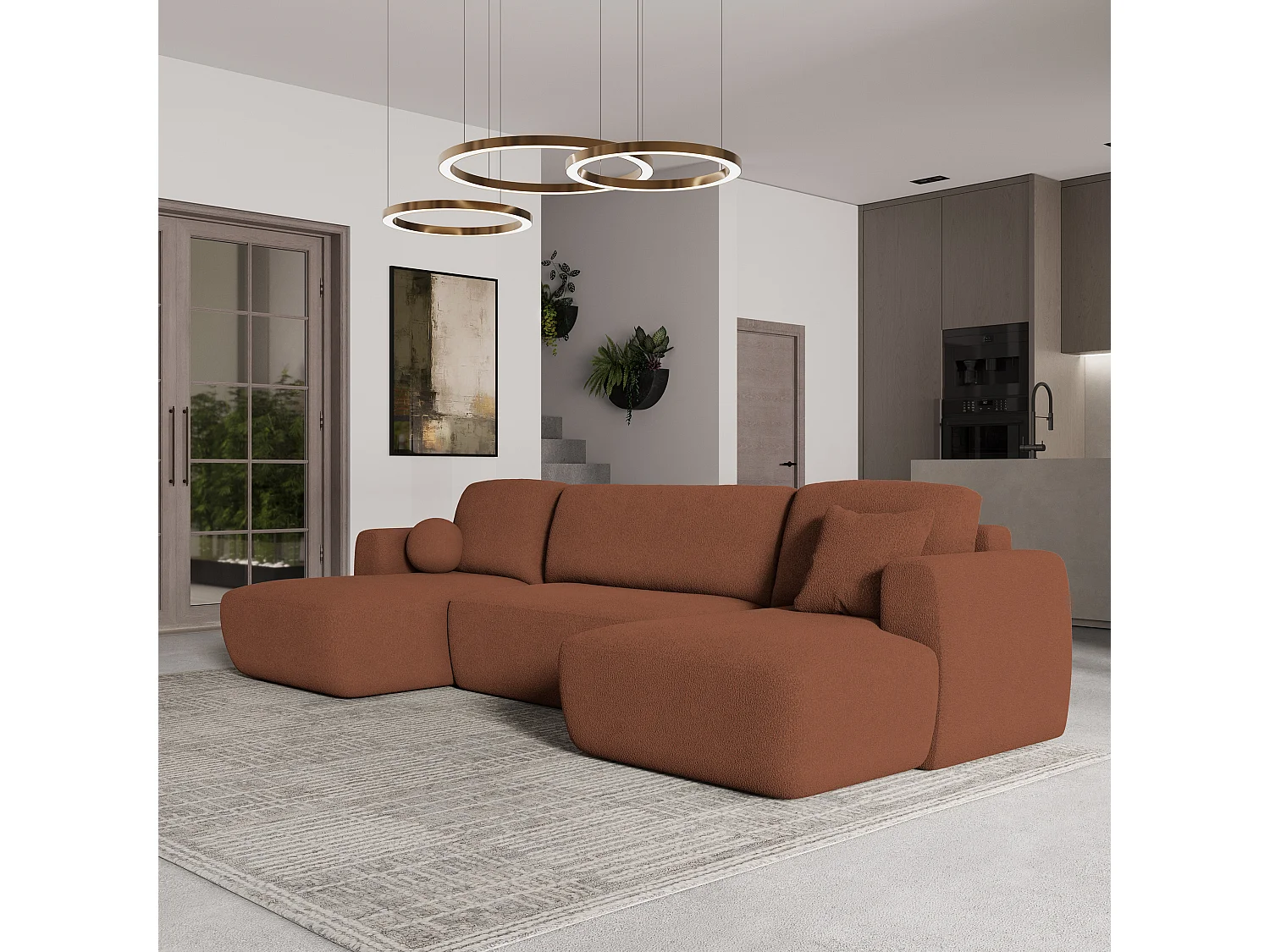 Canapé d'angle SENTUM Terracotta en bouclé avec fonction de couchage