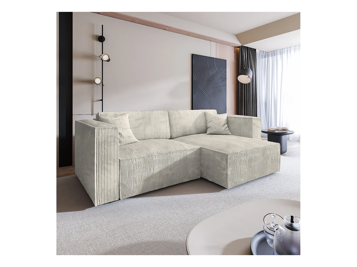 Canapé d'angle NERIO Crème en velours côtelé avec fonction de couchage