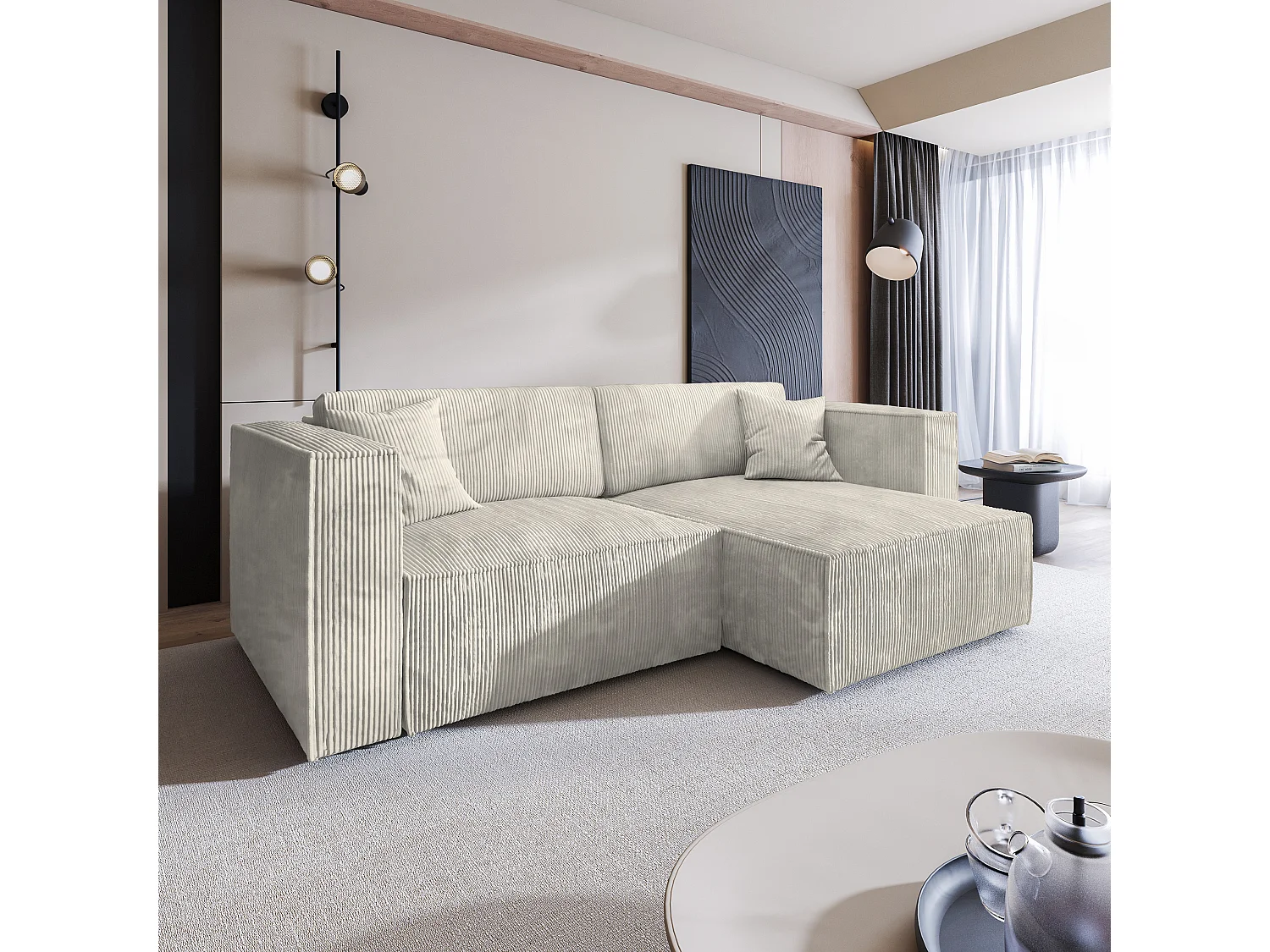 Canapé d'angle NERIO Crème en velours côtelé avec fonction de couchage