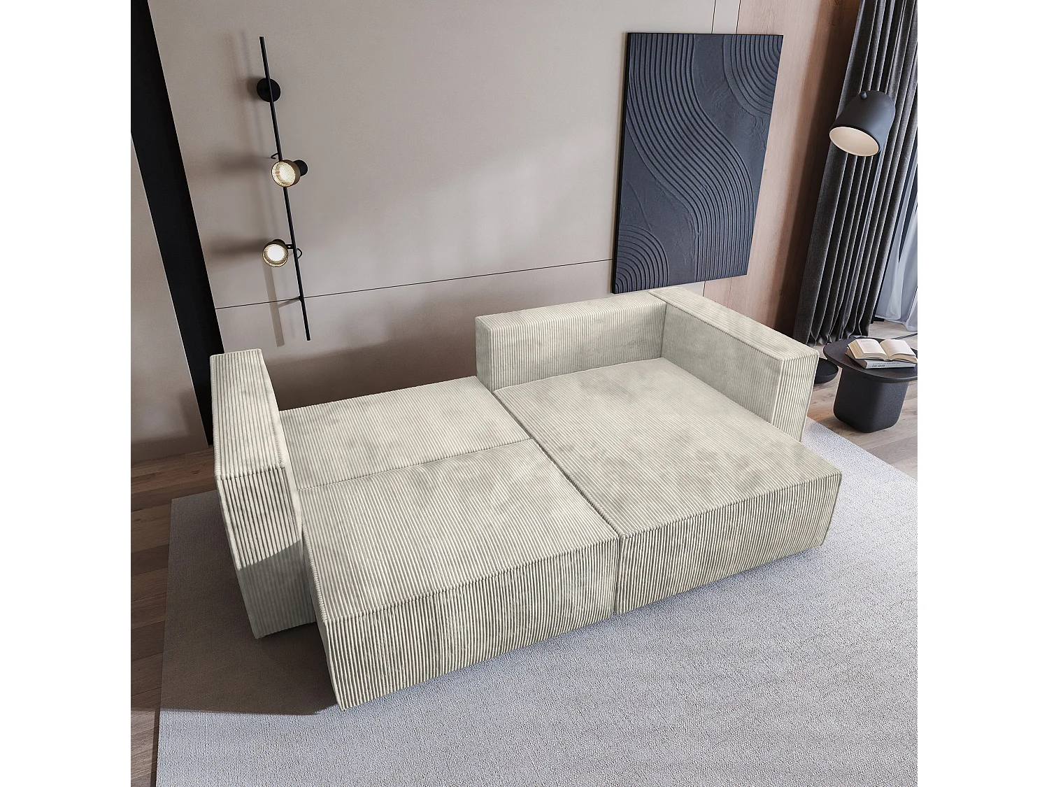 Canapé d'angle NERIO Crème en velours côtelé avec fonction de couchage