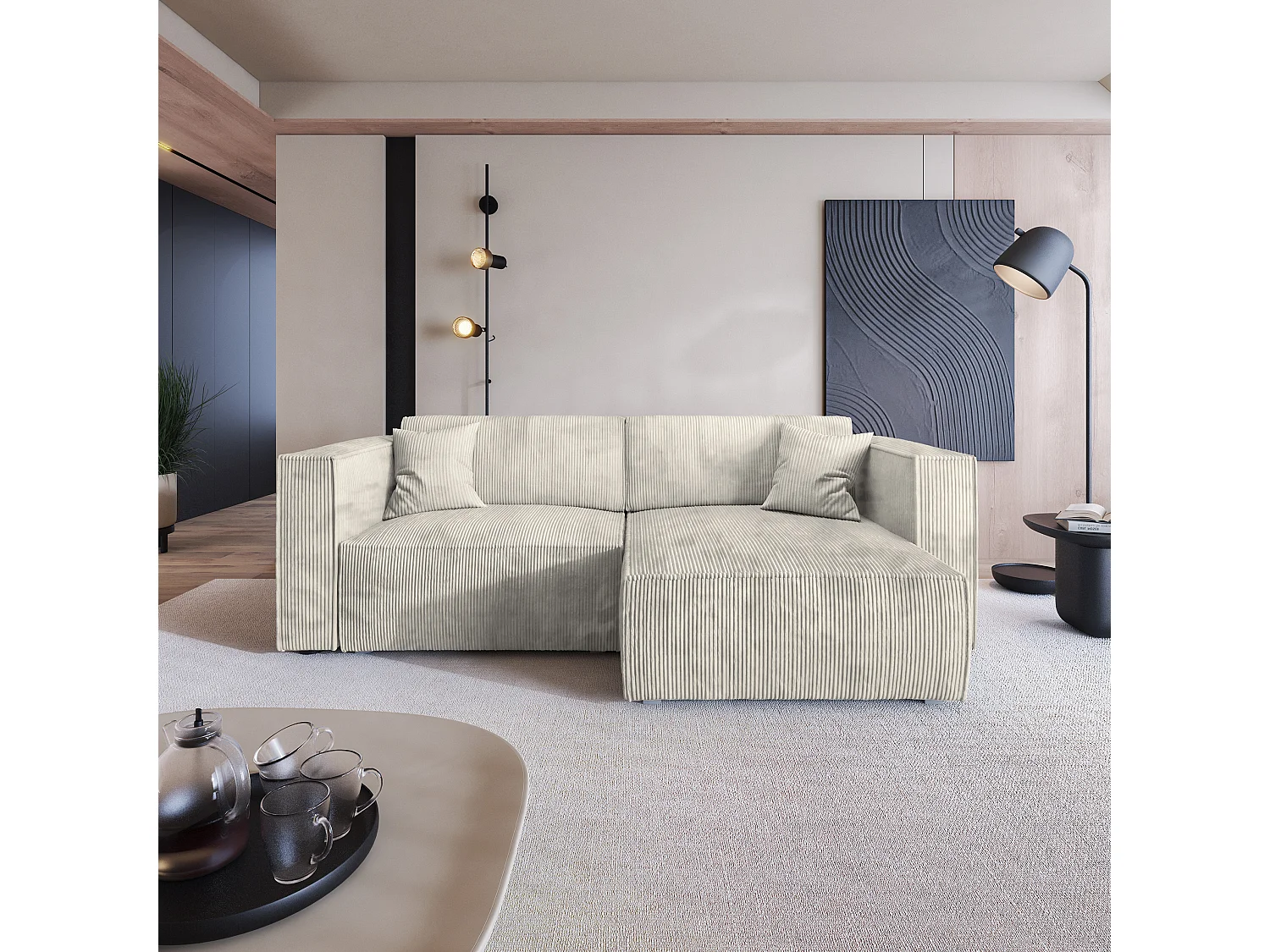 Canapé d'angle NERIO Crème en velours côtelé avec fonction de couchage