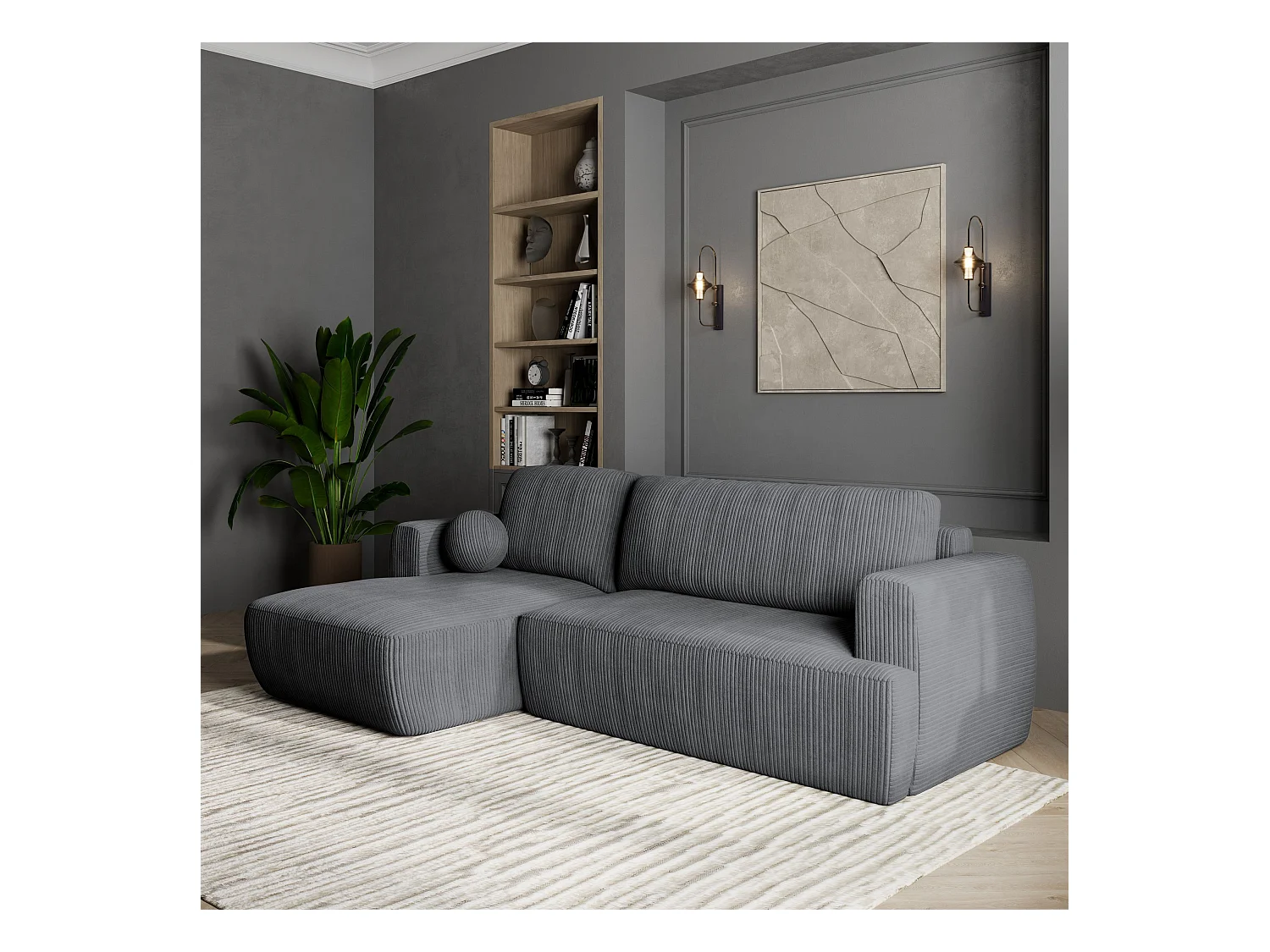 Canapé d'angle SENTI Gris en velours côtelé avec fonction de couchage