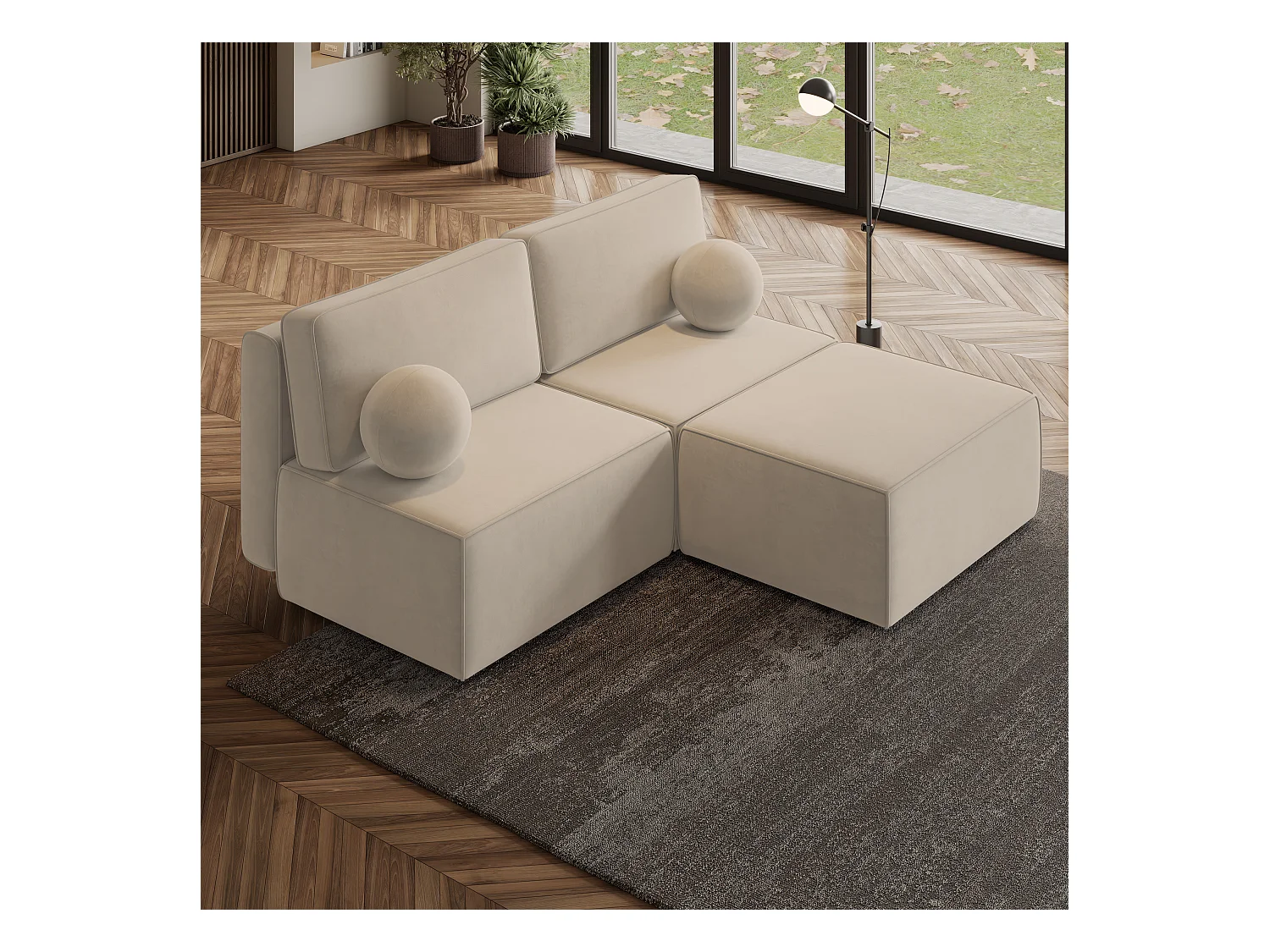 Canapé d'angle VARNA Crème en velours avec fonction de couchage