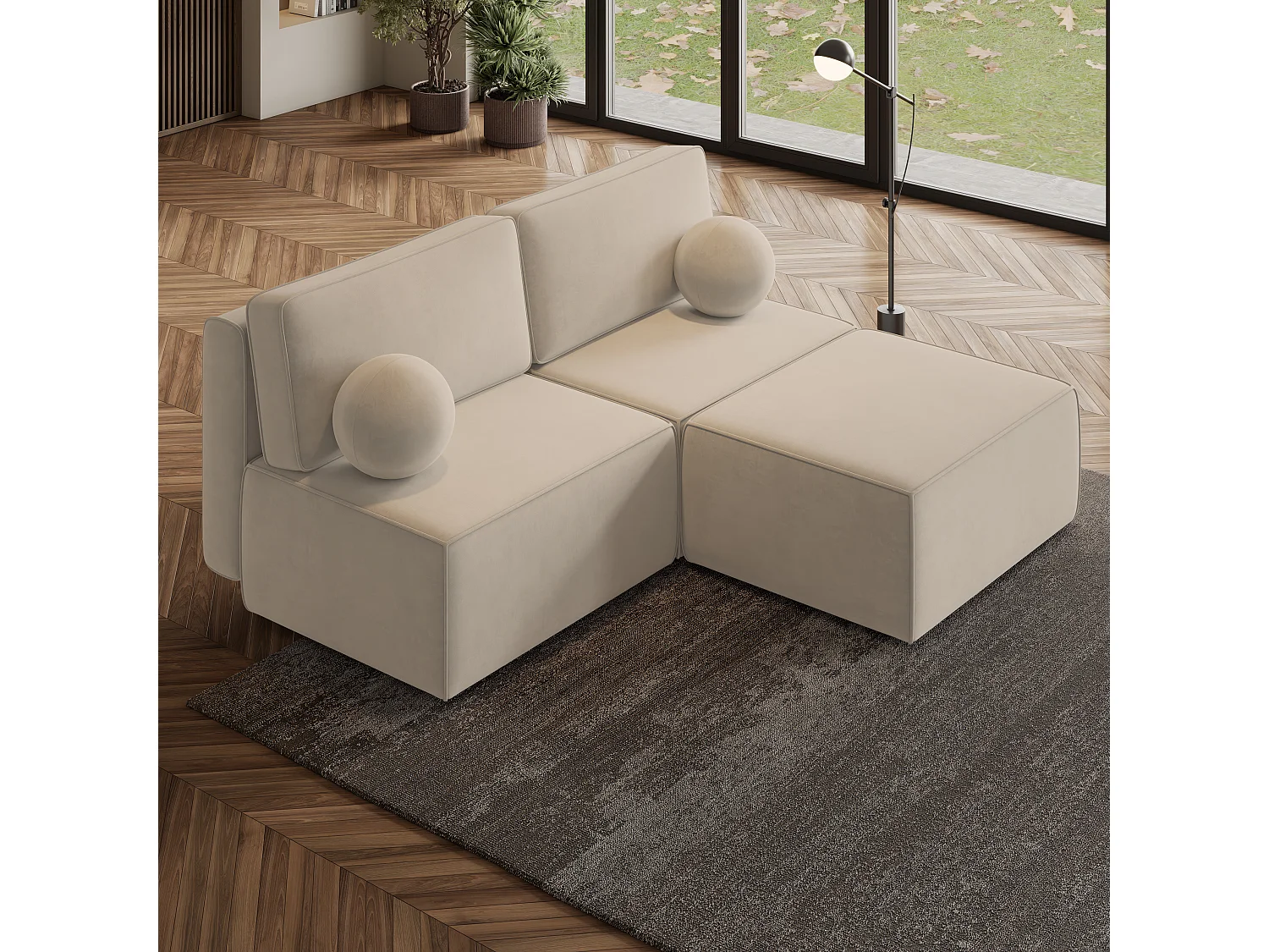 Canapé d'angle VARNA Crème en velours avec fonction de couchage