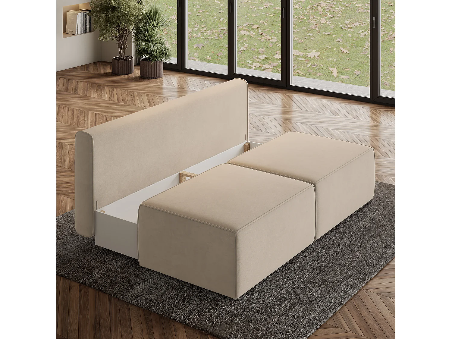 Canapé d'angle VARNA Crème en velours avec fonction de couchage