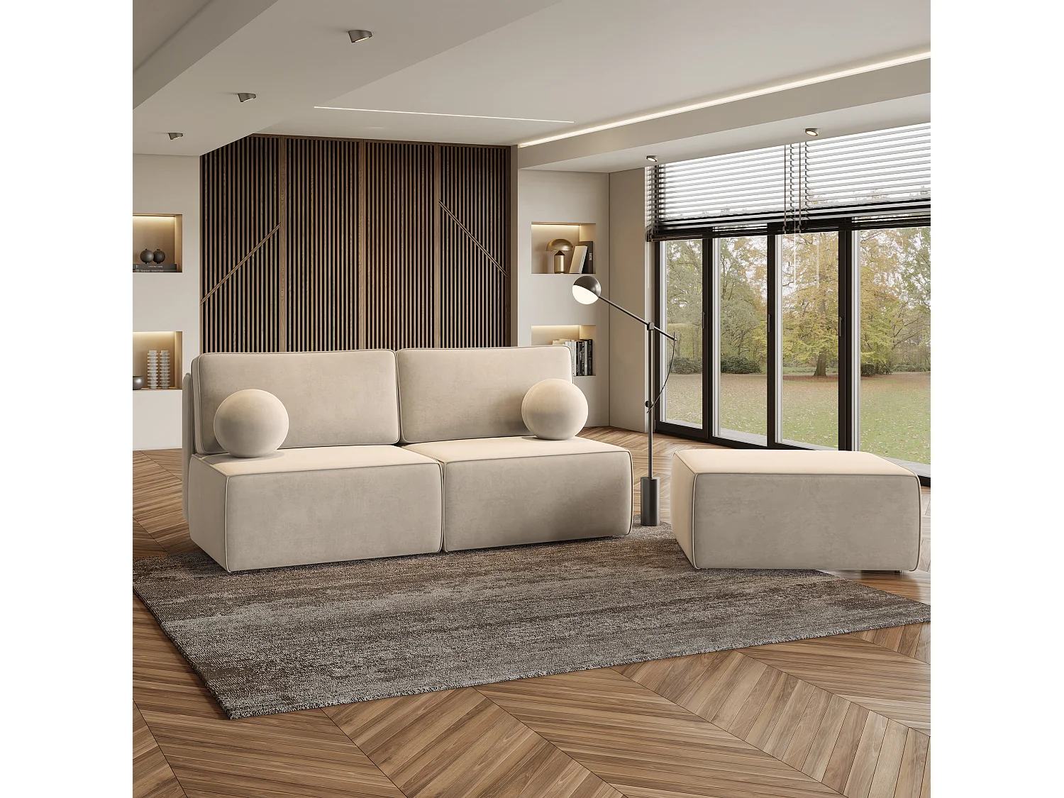 Canapé d'angle VARNA Crème en velours avec fonction de couchage