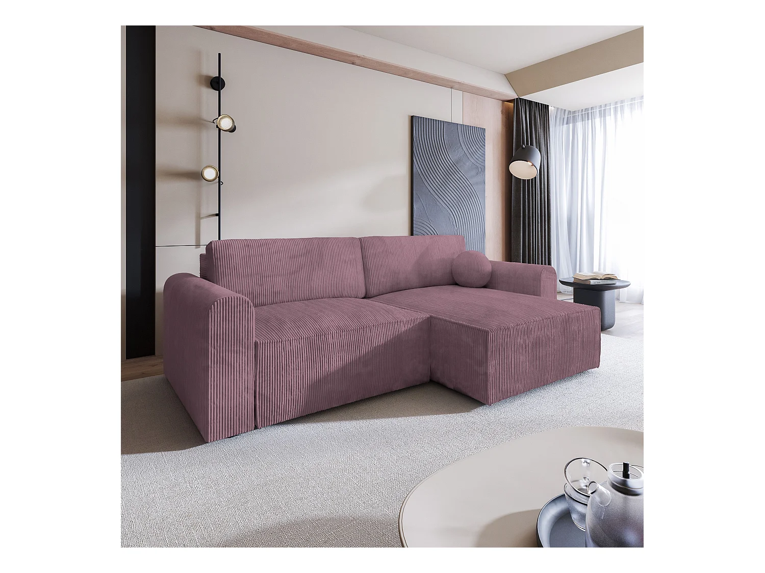 Canapé d'angle FIANO Parme en velours côtelé avec fonction de couchage