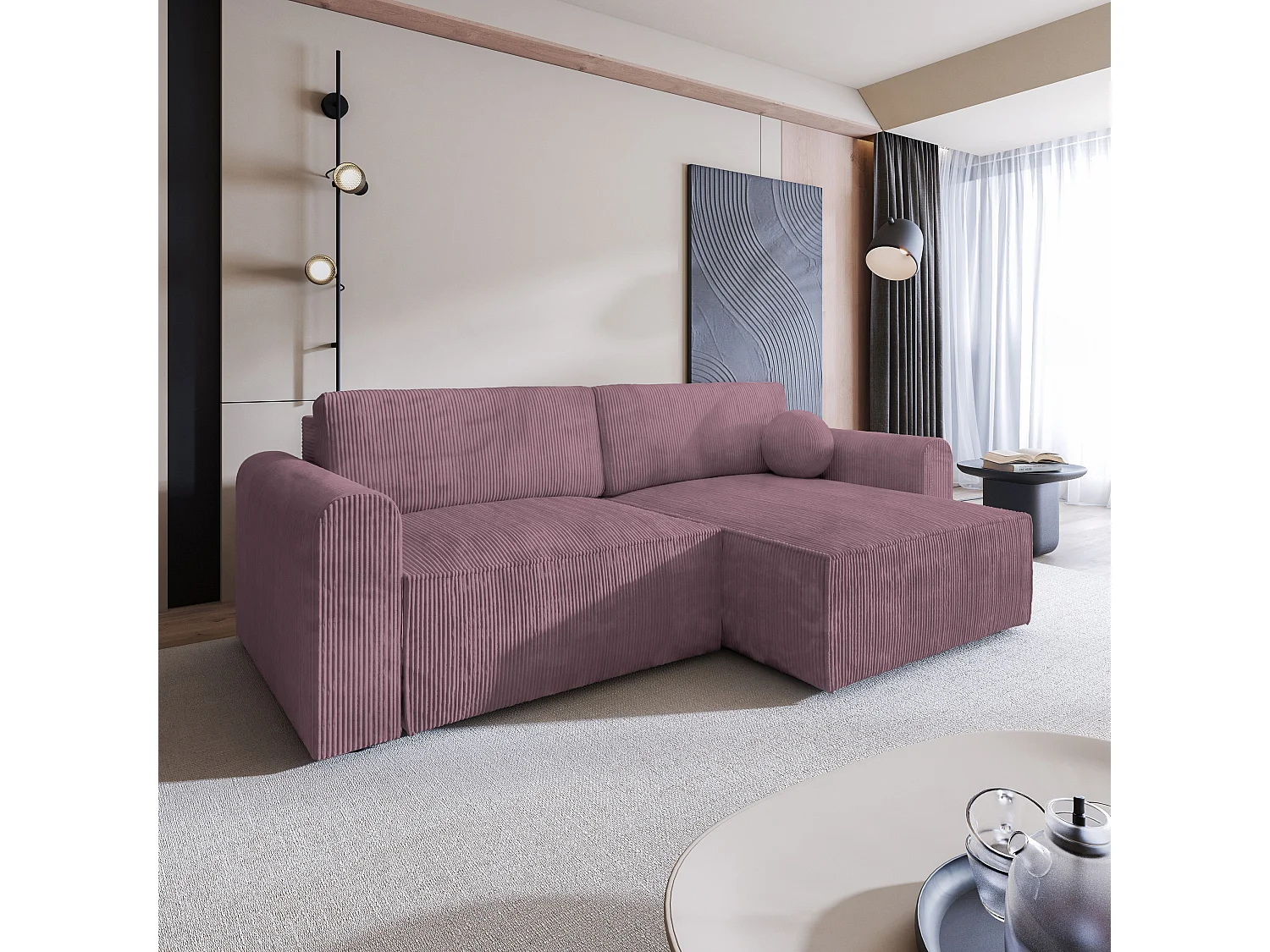 Canapé d'angle FIANO Parme en velours côtelé avec fonction de couchage