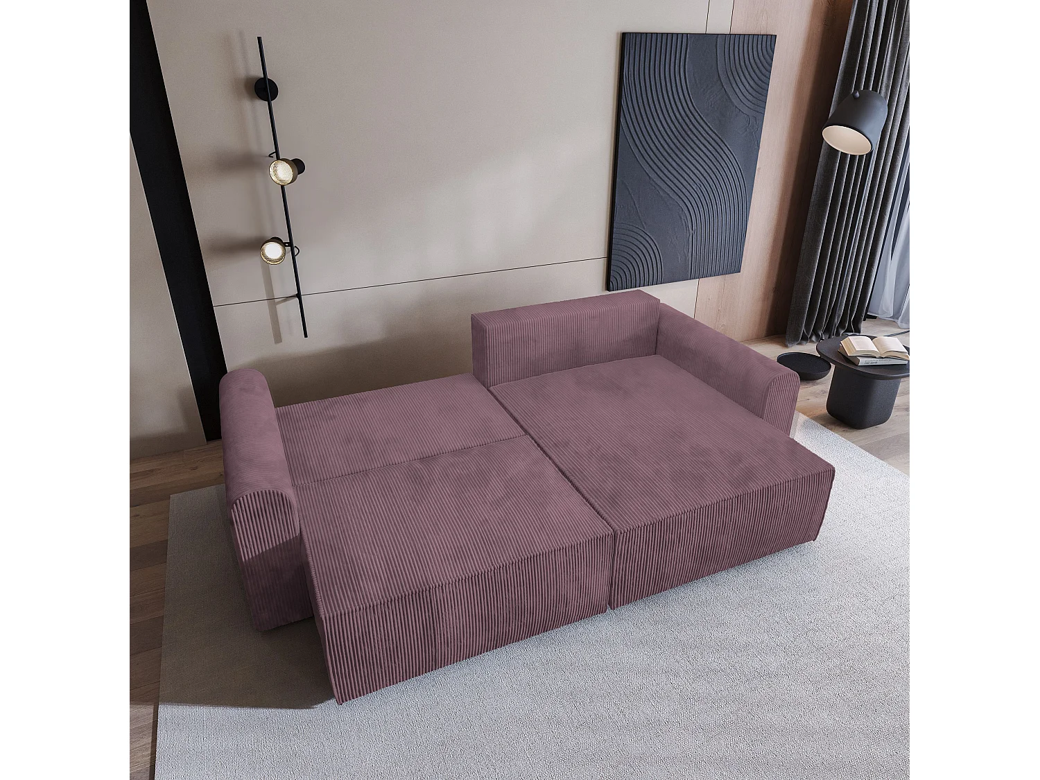 Canapé d'angle FIANO Parme en velours côtelé avec fonction de couchage