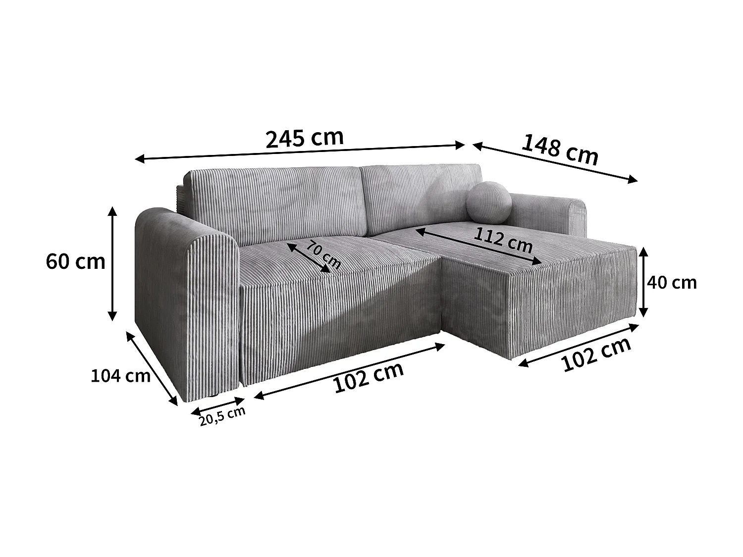 Canapé d'angle FIANO Parme en velours côtelé avec fonction de couchage